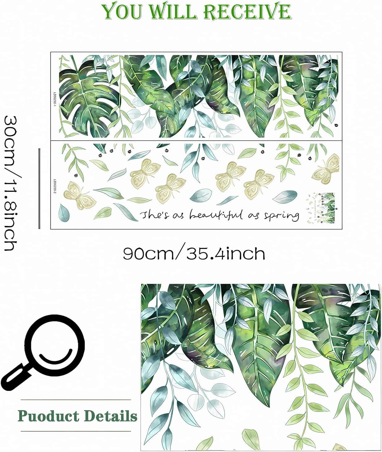 Tropical Greenery Foliage Hanging Vine Wall Stickers, Sacinora Green Plants Butterfly Art Wall Decals Removable Vinyl Peel and Stick for Living Room Bedroom Children'S Room Sofa TV Background - Green C image number 6