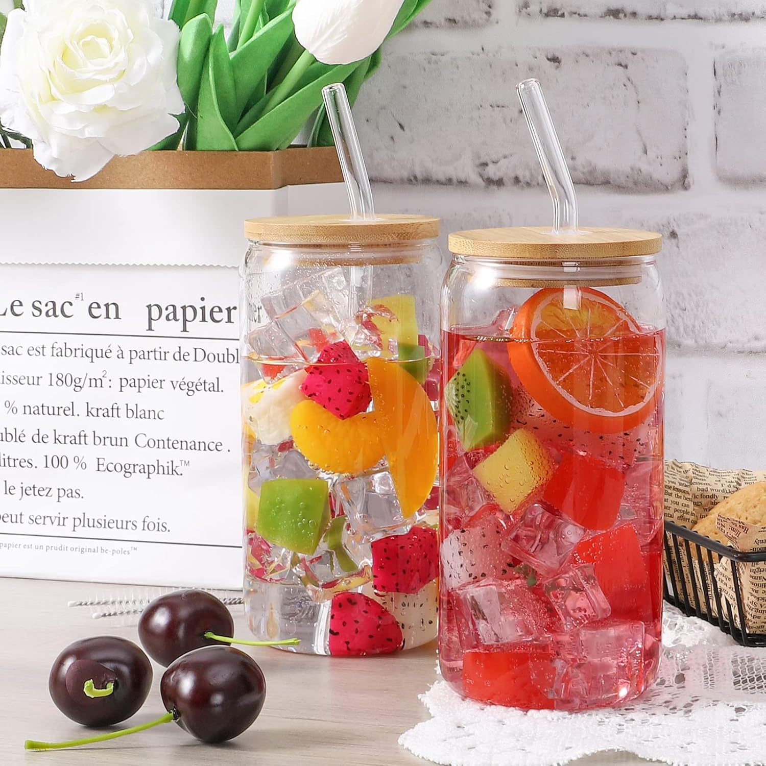 Drinking Glasses with Bamboo Lids and Glass Straw - 8Set 500Ml Can Shaped Glass Cups for Beer, Ice Coffee, Cute Tumbler Cup Great for Soda Boba Tea Cocktail Include Cleaning Brushes image number 6