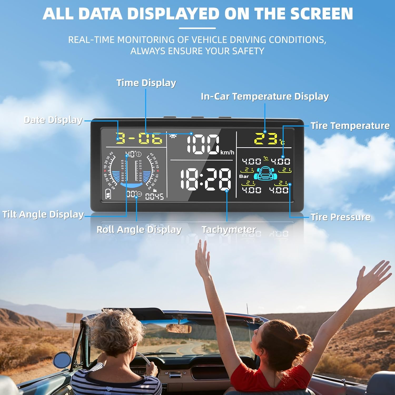 8-In-1 Advanced Tyre Pressure Monitoring System W/4 TPMS Sensors, Real-Time Multifunctional Monitor System W/Slope Meter,Altitude,Speedometer,Car/Tiretemperature,Date,Time HUD Display for Vehicle image number 6