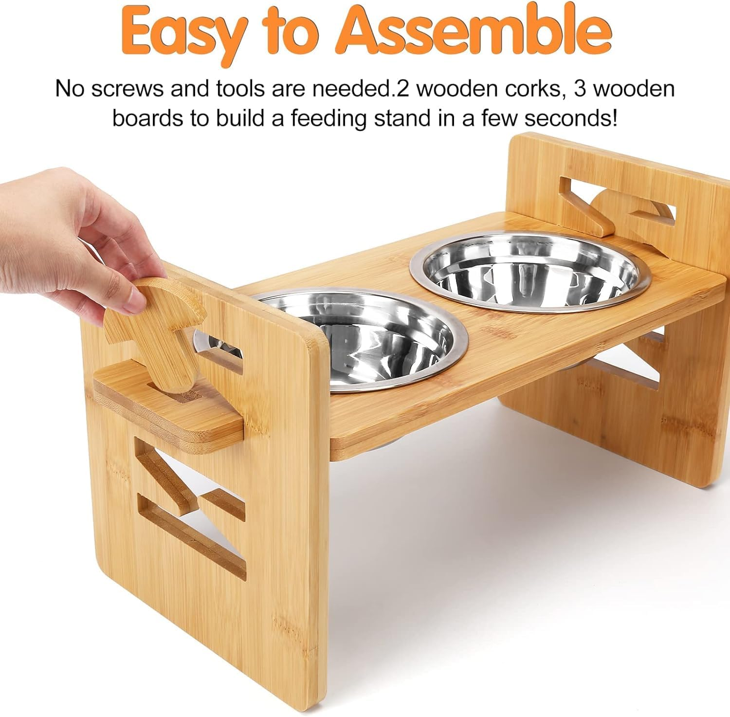 Elevated Dog Bowls - Adjustable Raised Dog Bowls for Medium Dogs and Small Dogs, Durable Bamboo Dog Food Bowl Stand with 2 Stainless Steel Bowls and Non-Slip Feet (For Small Dogs and Cats) image number 5