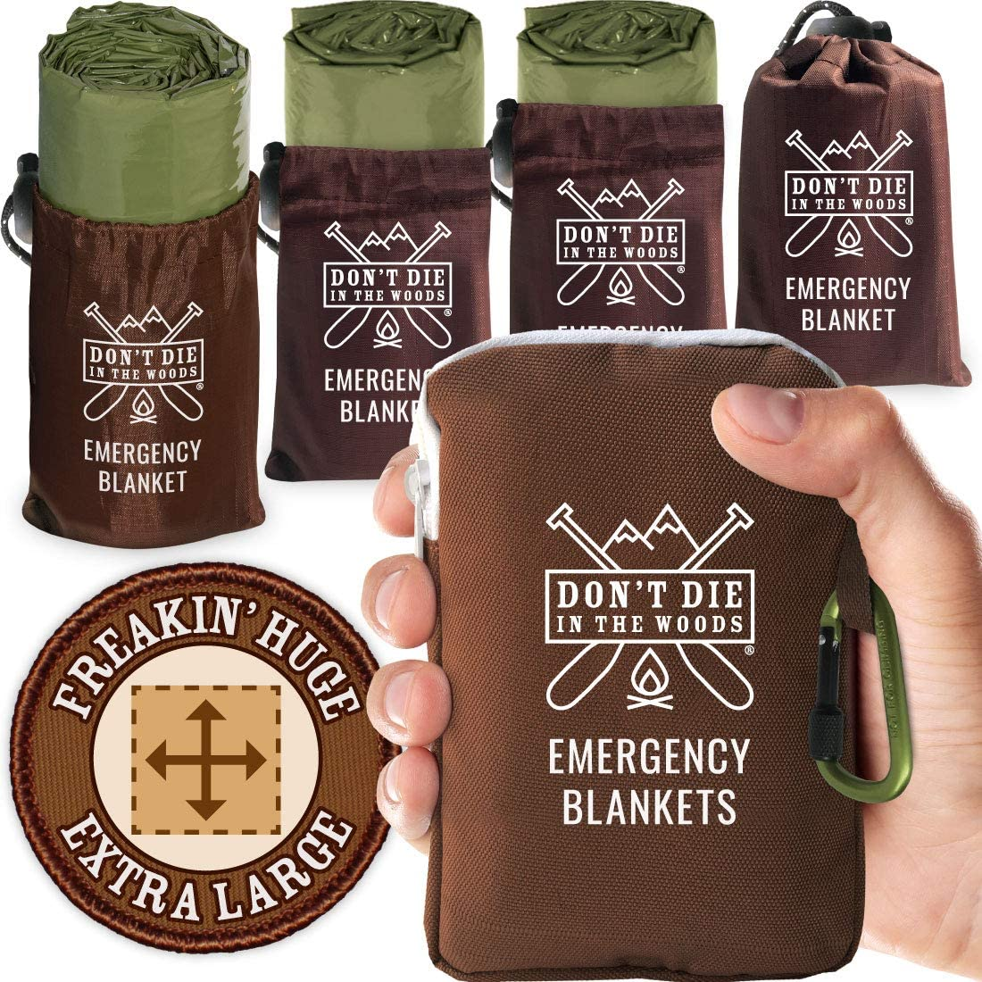 Don'T Die in the Woods - Freakin&rsquo; Huge Emergency Blankets [4-Pack] Extra-Large Thermal Mylar Space Blankets with Ripstop Nylon Stuff Sacks + Carabiner Zipper Pack [Army Green]