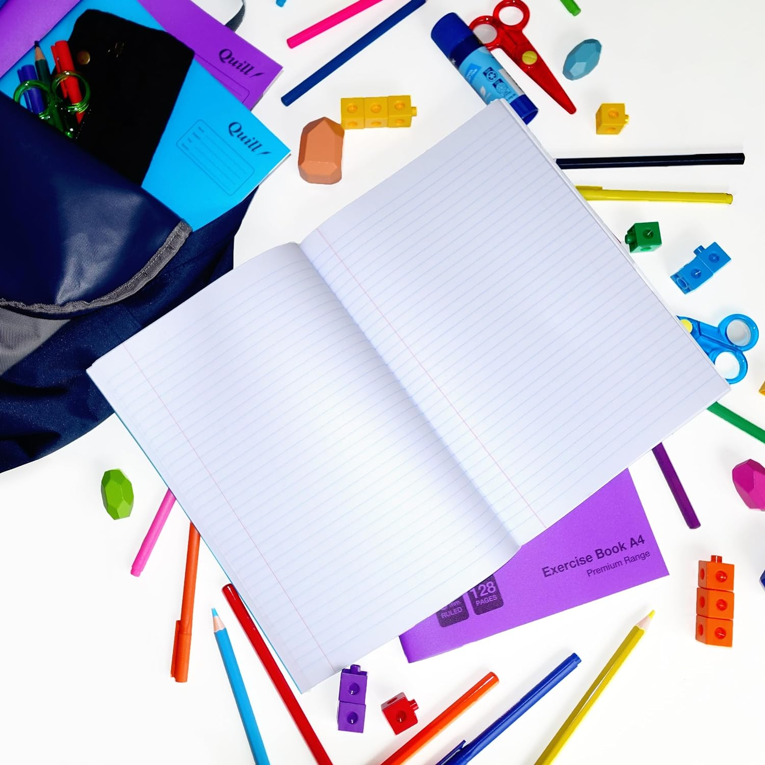 Quill, Premium Exercise Book A4, 128 Pages, 8Mm Ruled with Red Margin, Pack 2, Durable Water Resistent Cover image number 4