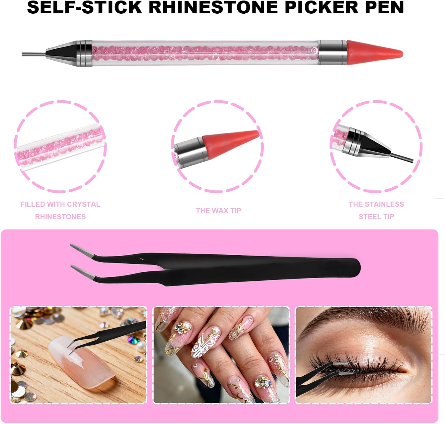 TNSLAND 2 X Acrylic Rhinestone Picker Dotting Pen Dual Ended Gemstones with 4 Wax Heads, Nail File and 1 Tweezers, Nail Rhinestones Picker Dual-Ended Wax Pen for Nail Art & DIY Jewellery image number 4