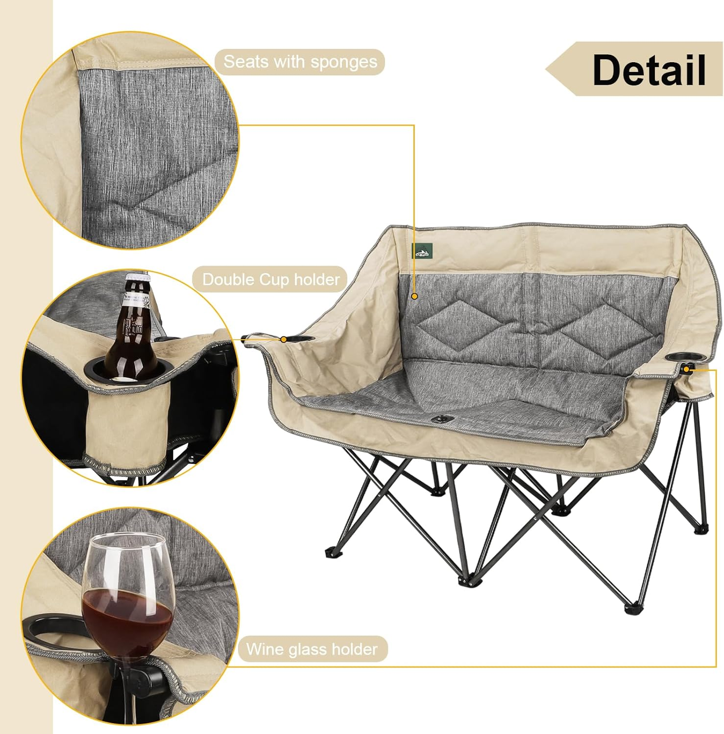 Northroad Folding Loveseat Camping Chair Portable Double Duo Full Padded Garden Chair for 2 Person Sofa W/ 2 Cup Holder,Wine Glass Holder,Mesh Storage,Support 600Lbs for Picnic Beach Travel (Beige)