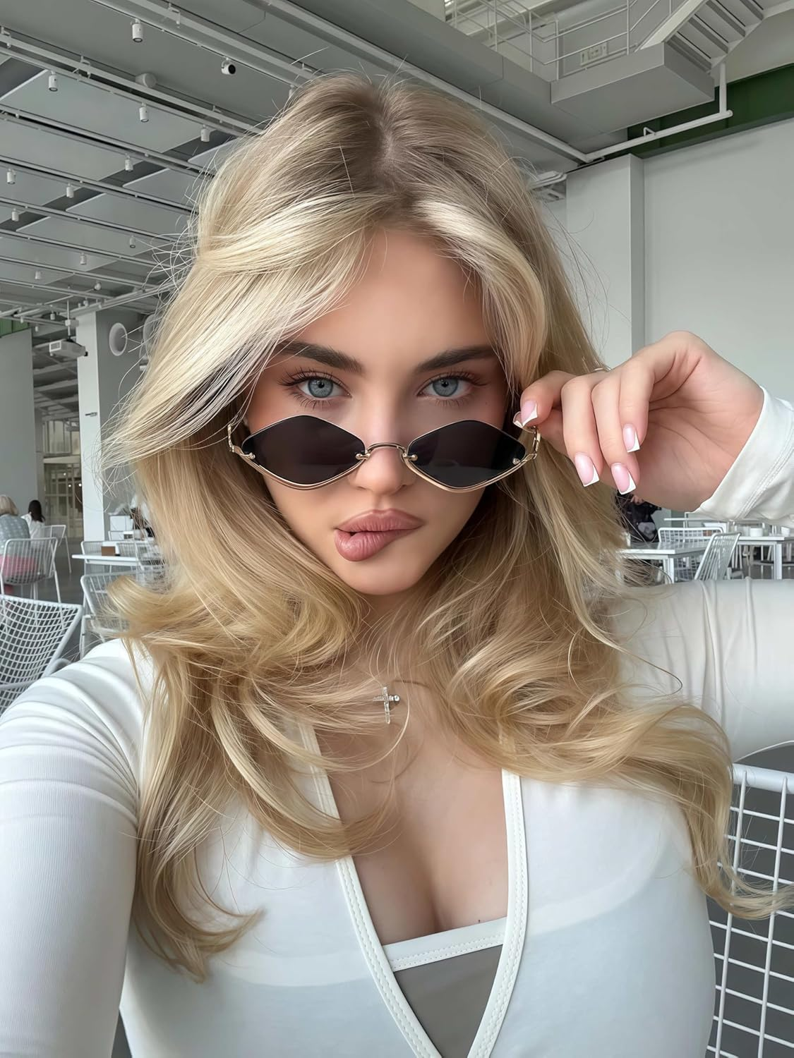 Retro Small Irregular Half-Frame Metal Sunglasses for Women, Trendy Lightweight Narrow Gold Shades UV400 image number 3