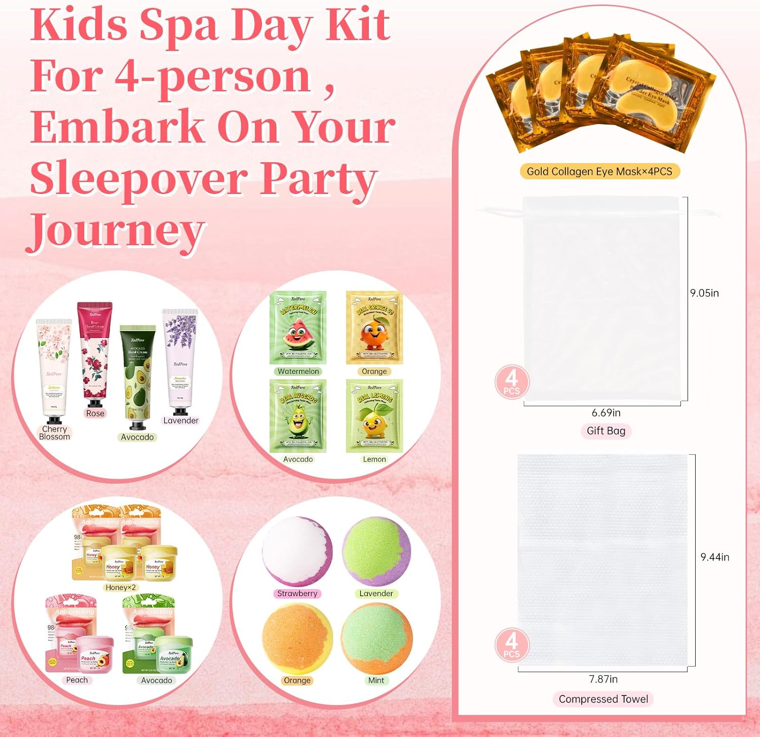 Spa Party Supplies for Girls, 28PCS Spa Birthday Party Favors for 4 People, Spa Day Kit with Bath Bombs, Eye Mask, Lip Balm, Face Mask, Hand Cream, Compressed Towel, Gift Bag, Sleepover Spa Gift Set image number 3