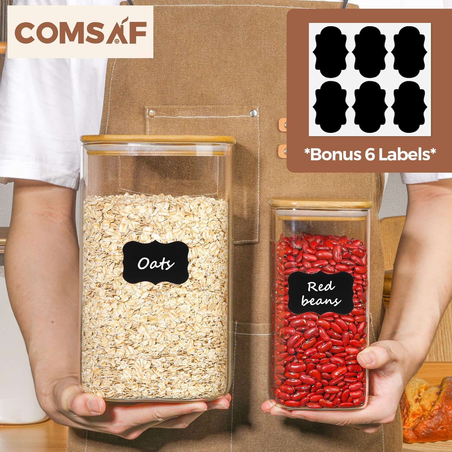 Comsaf Glass Pantry Storage Containers, 4350/1500Ml Large Square Flour and Sugar Containers with Airtight Lids, Gallon Glass Jars with Bamboo Lids for Cereal, Rice, Pasta, Cookies, Coffee Beans