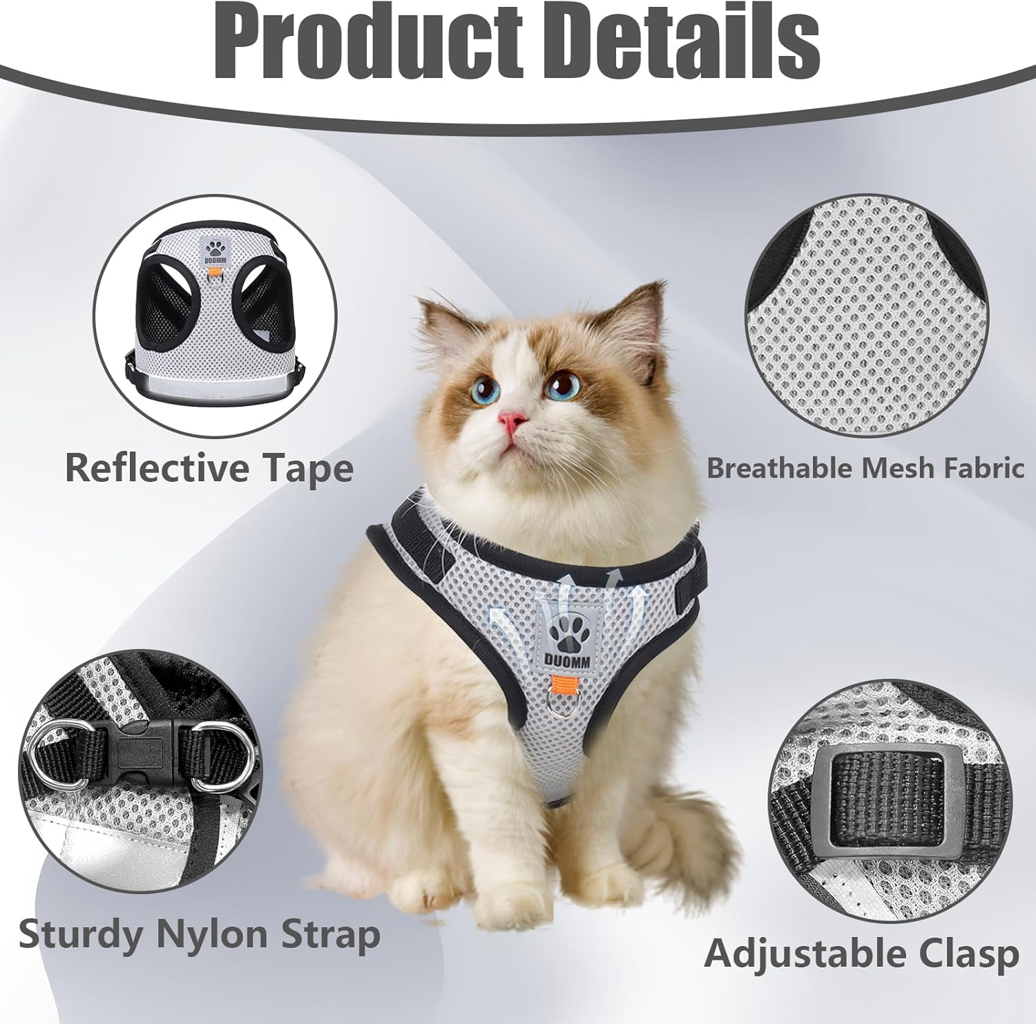 TAIXING Adjustable Reflective Cat Harness with Lead, Escape Proof, Grey, Fashion, Cat Harness, 360-Degree Reflective Band, Bell on Collar, Lost Card Hanging Loop, Small image number 6