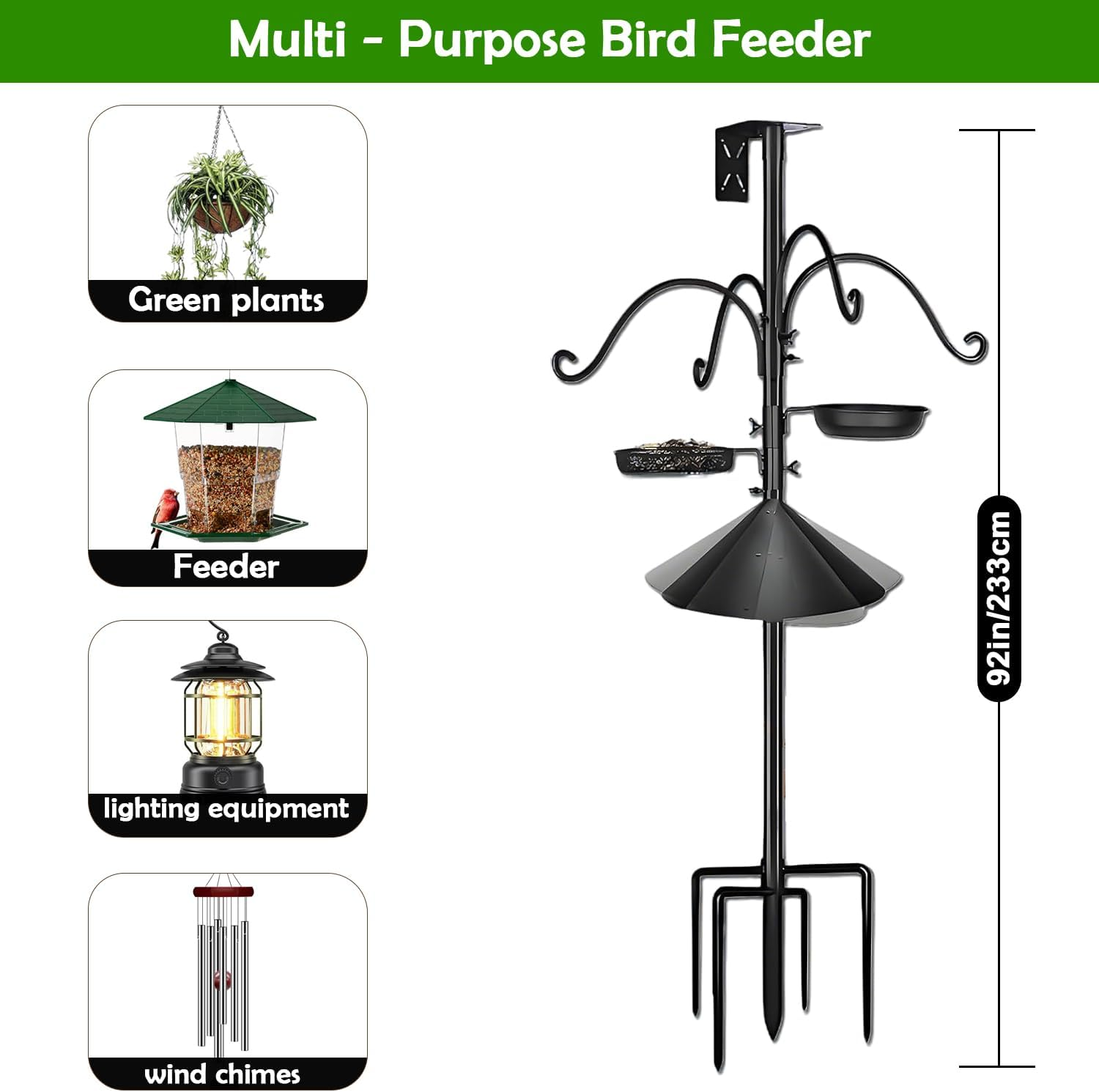 92" Squirrel Resistant Feeder Pole & Birdhouse Pole - Heavy Duty Bird Feeding Station with Metal Baffle, Hooks & Water Dish image number 4
