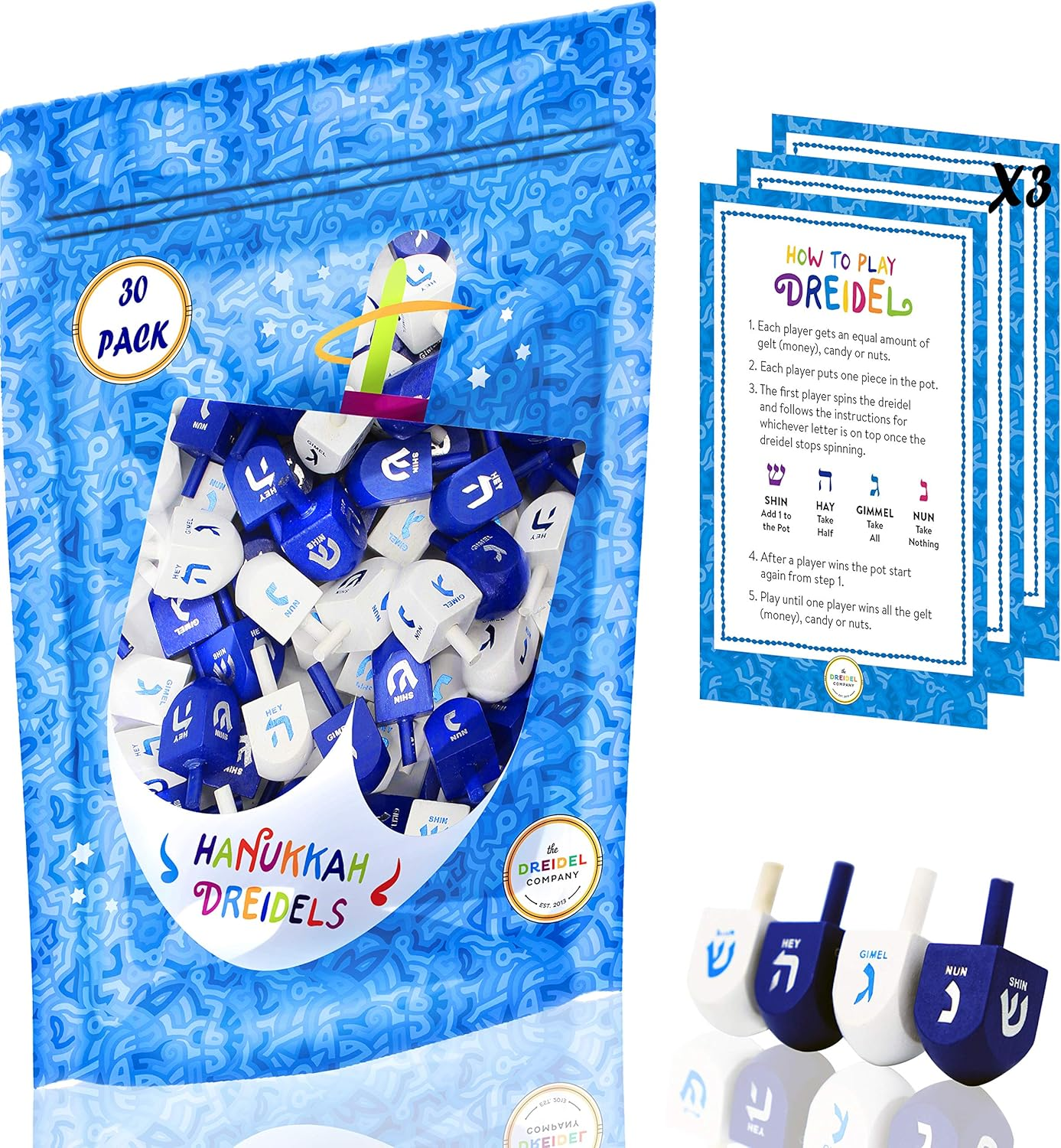 Hanukkah Dreidel Bulk Solid Blue & White Wooden Dreidels Hand Painted - Game Instructions Included! (4-Pack) image number 1