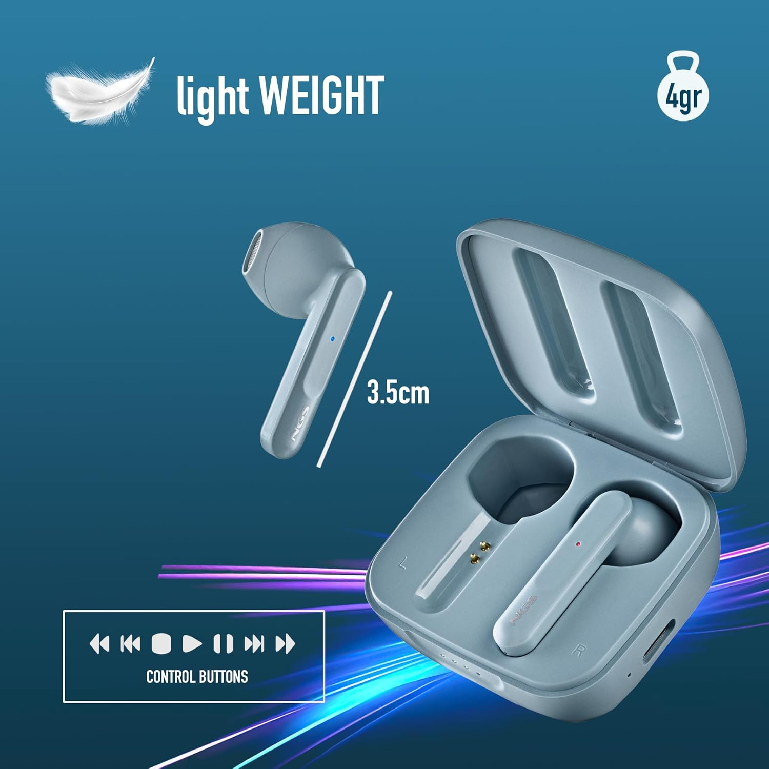 NGS ARTICA Move Rain Wireless Headset, Compatible with Bluetooth 5.3 Technology and TWS. 28-Hour Battery, Touch Control, ENC Technology, Blue