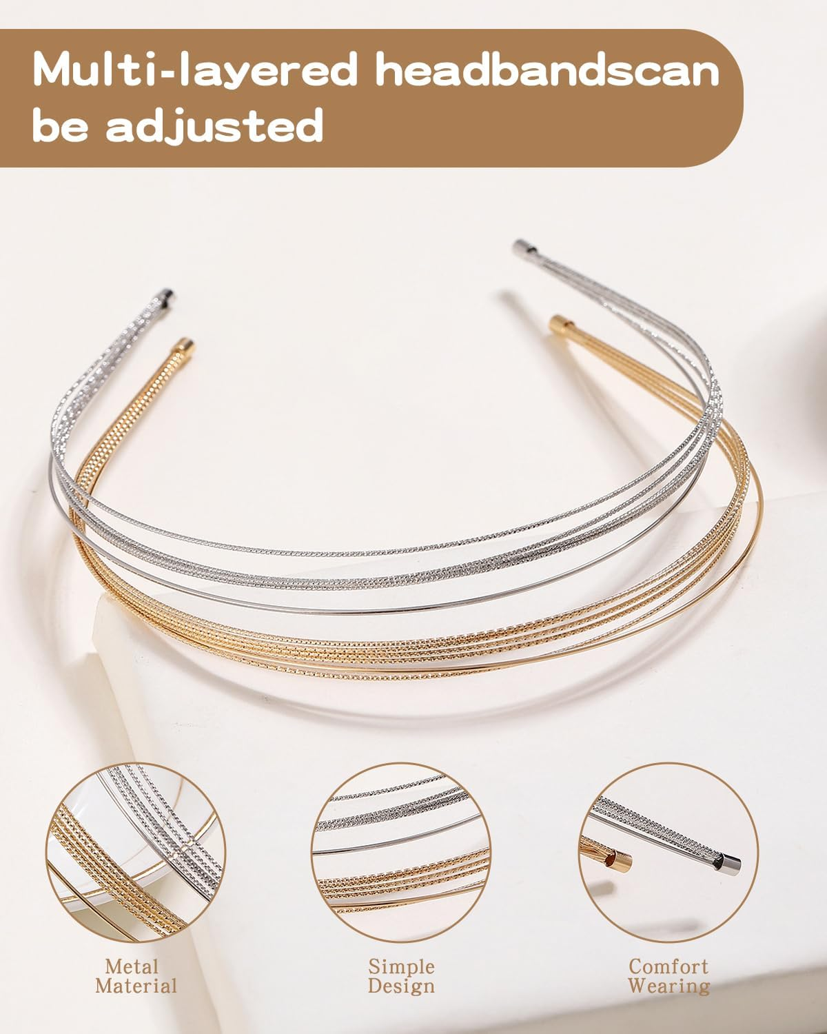 KGDUYC 2Pcs Multilayer Metal Headbands for Women, Fashionable Thin Headband, Layered Headband Women'S Elegant Hair Bands, Headwear, Hair Accessories, Gold/Silver