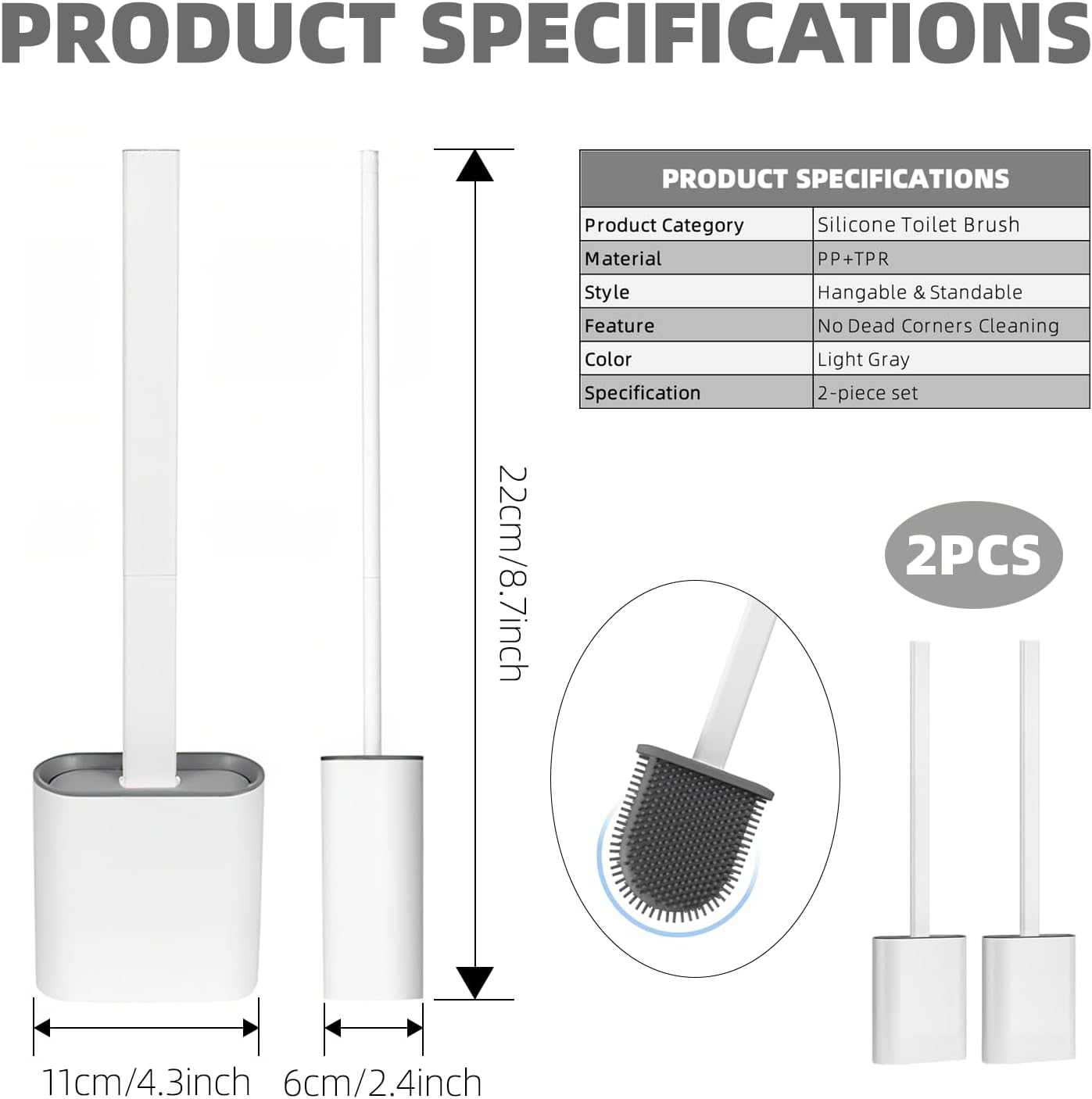 2 Pcs Toilet Brush and Holder Silicone Wall Mounted and Standing Toilet Brush for Bathroom, Set of 2 Cleaning Brushes, Flexible TPR Bristles (White)