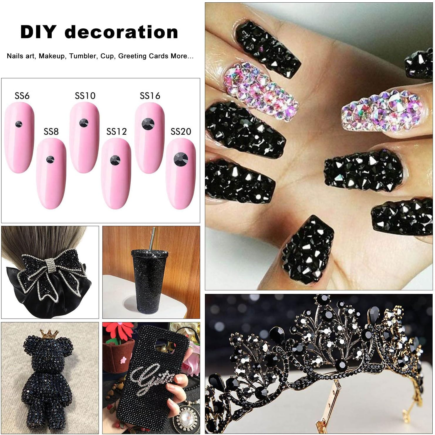 4240Pcs Flatback Black Rhinestones Glass Crystal Gemstones for Nail Art Eye Jewels Makeup round with Tweezers and Picking Pen (SS6~SS20 Set)