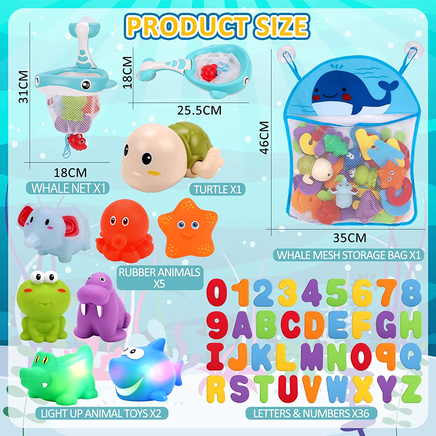 Kaekid Toddlers Bath Toy, Water Spraying Discoloration Light-Up Floating Animals Bath Toys Set, Foam Bath Letters and Numbers Bath Toy, Water Toys for Kids Boys Girls (Multicolour) image number 3