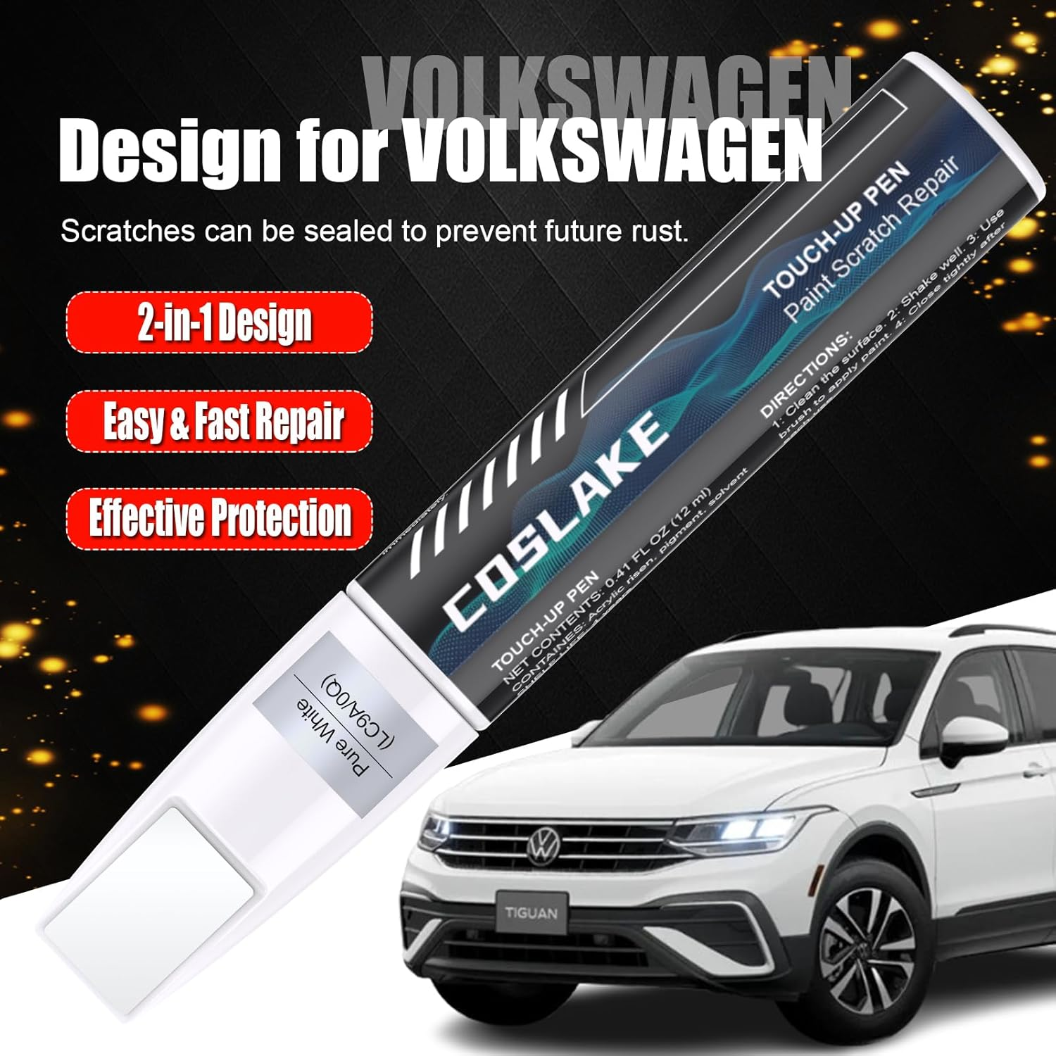 Car Touch up Paint(Pure White(Lc9A/0Q)) for Volkswagen, Car Paint Scratch Repair Kit, Quick & Easy Solution to Repair, 2 in 1 Scratch Remover Pen with 2PCS Disposable Micro Applicators image number 1
