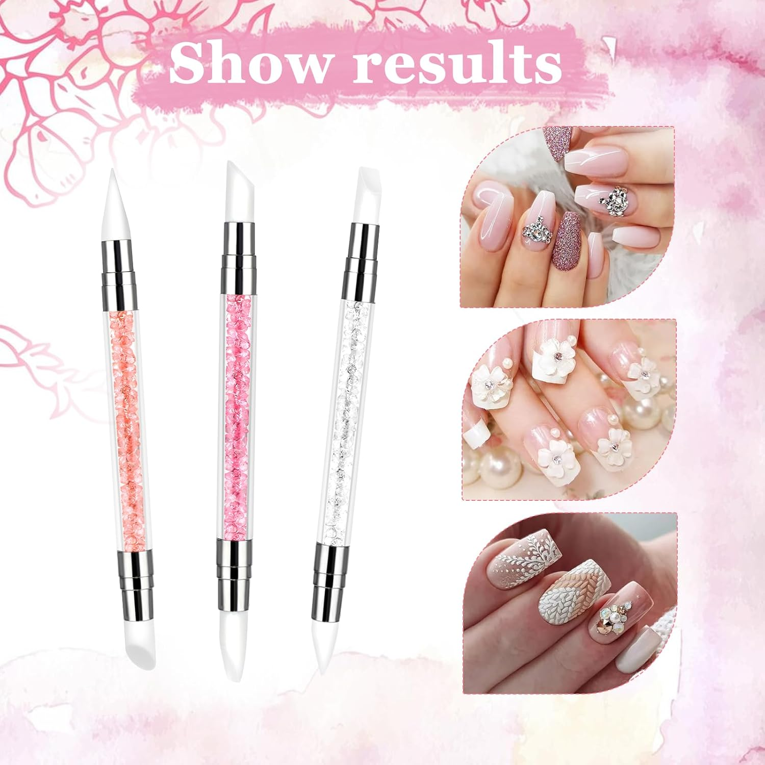 3 Pcs Nail Art Sculpture Pen, Dual Tipped Silicone Nail Tools, Silicone Head Acrylic Handle Nail Art Brushes, Rhinestone Nail Polish Carving Pen, Nail Art Tools for Home Salon(White, Pink, Orange) - Blue, Green, Orange image number 5