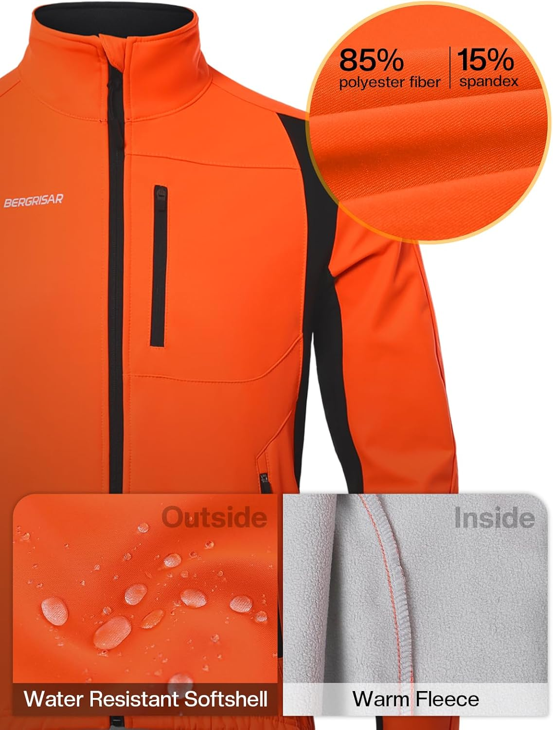 BERGRISAR Winter Cycling Jacket for Men Softshell Windproof Thermal Fleece Bike Clothing Running Jacket Windbreaker image number 6
