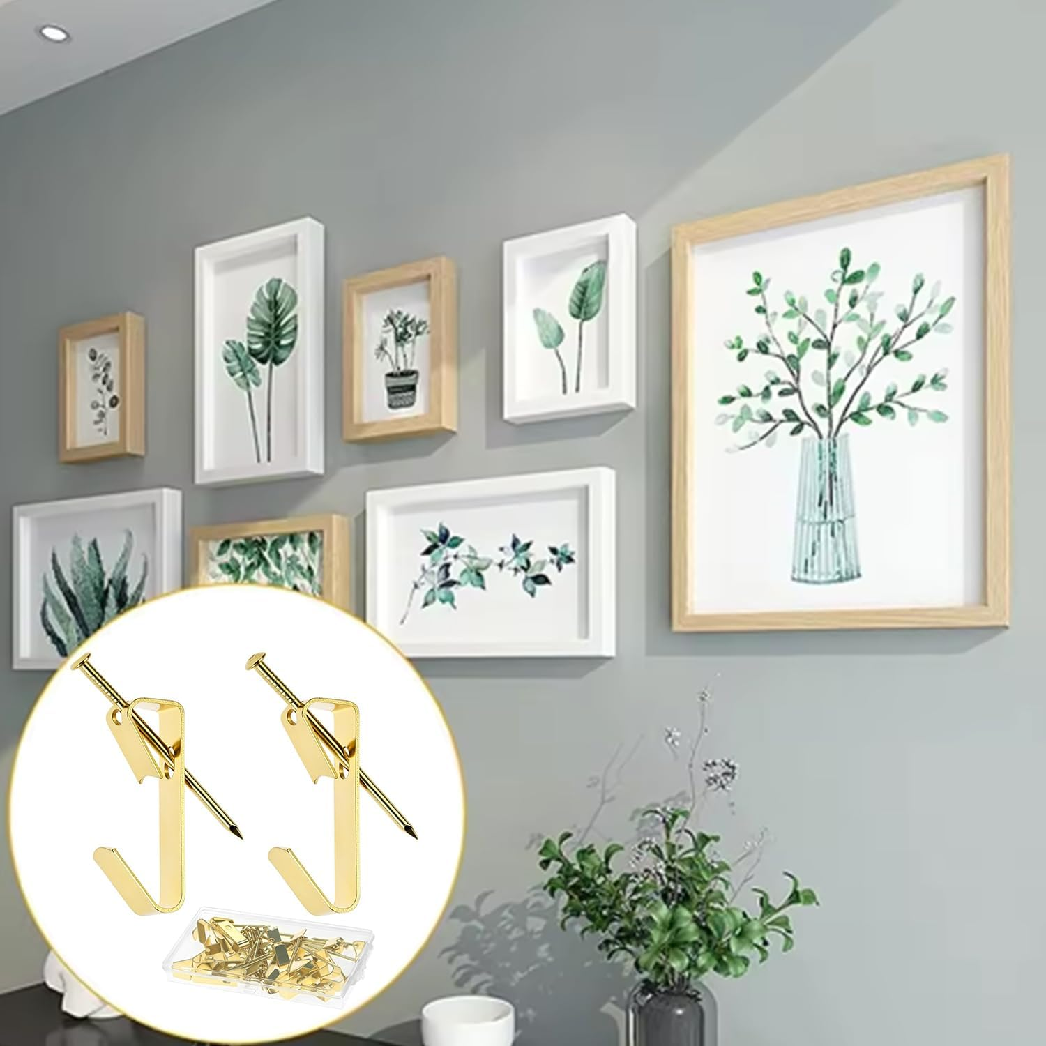 Roczential 50Pcs Picture Hooks for Wall Hanging Kit with Nails 30 Lbs Picture Rail Hooks for Photo Frames, Includes Sawtooth/D Ring/Screw Eyes, Ideal for Drywall Home & Office(Gold) image number 4