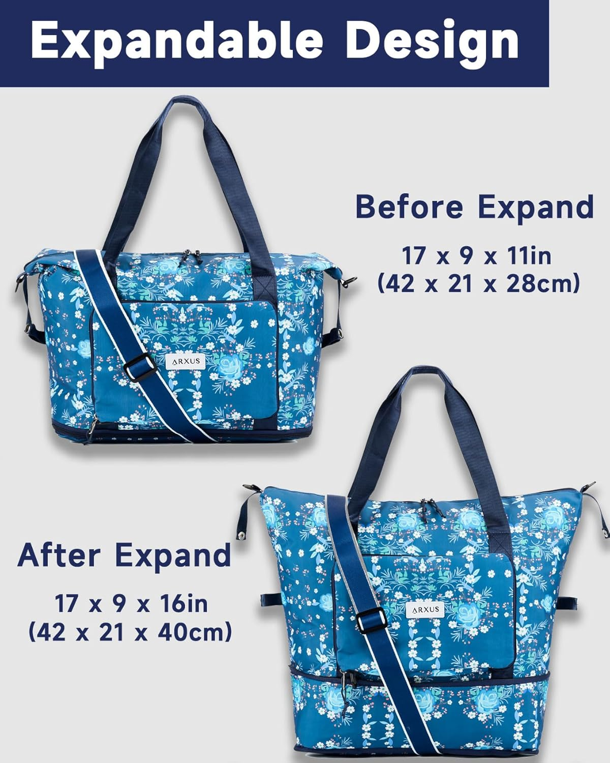 Arxus Large Folding Travel Duffle Bag, Expand Carry on Overnight Tote Bags for Women Airplanes with Luggage Sleeve, Waterproof Gym Weekend Bag with Wet Pocket image number 4