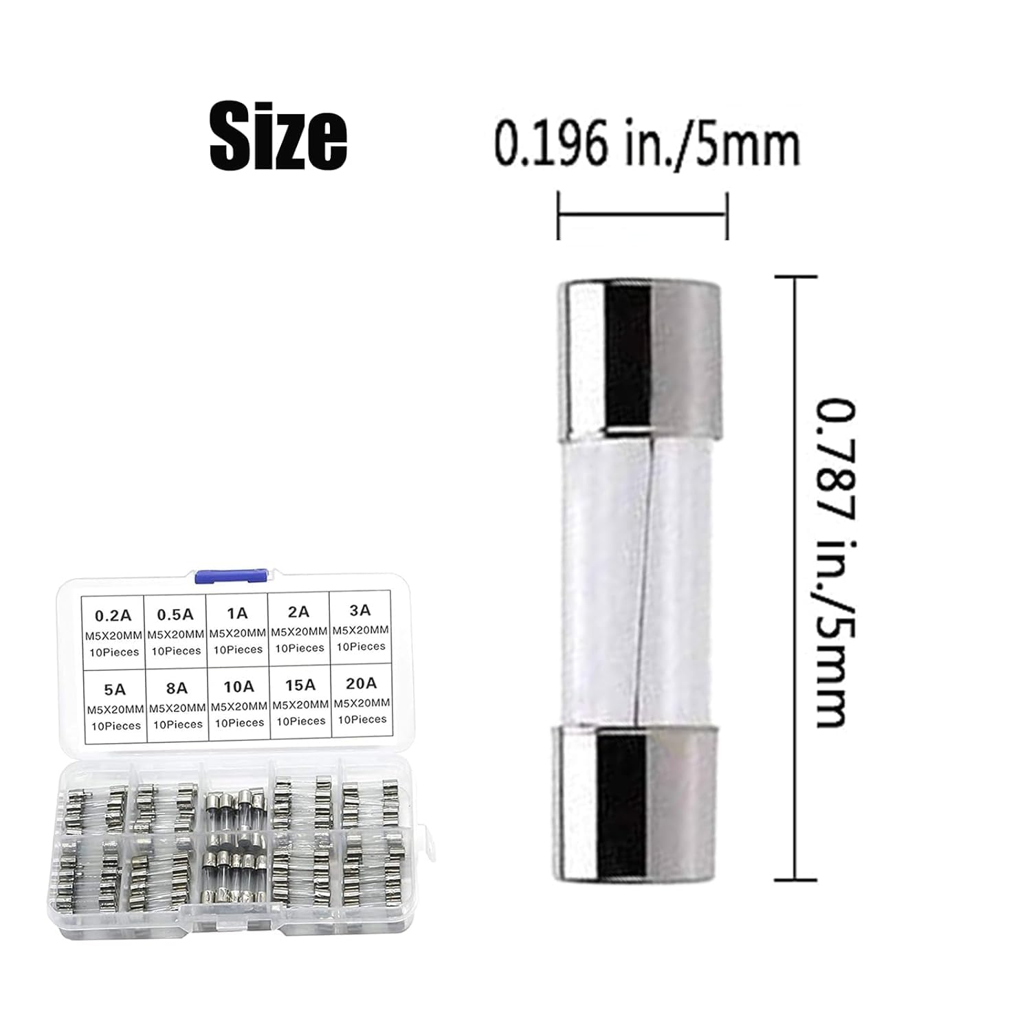 100Pcs 5X20Mm Fast-Blow Glass Fuses Quick Blow Car Glass Tube Fuses Assorted Kit Amp 0.2A 0.5A 1A 2A 3A 5A 8A 10A 15A 20A 250V with Storage Box image number 1
