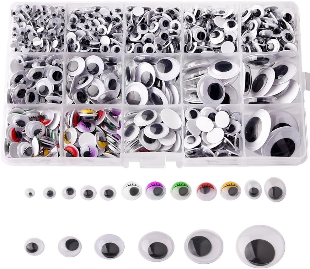 KUUQA 1200 Pieces Plastic Self-Adhesive Wobbly Googly Wiggle Eyes for DIY Craft Scrapbooking Accessories,Teddy Bear Doll Making Toys Eyes(Assorted Sizes) image number 1
