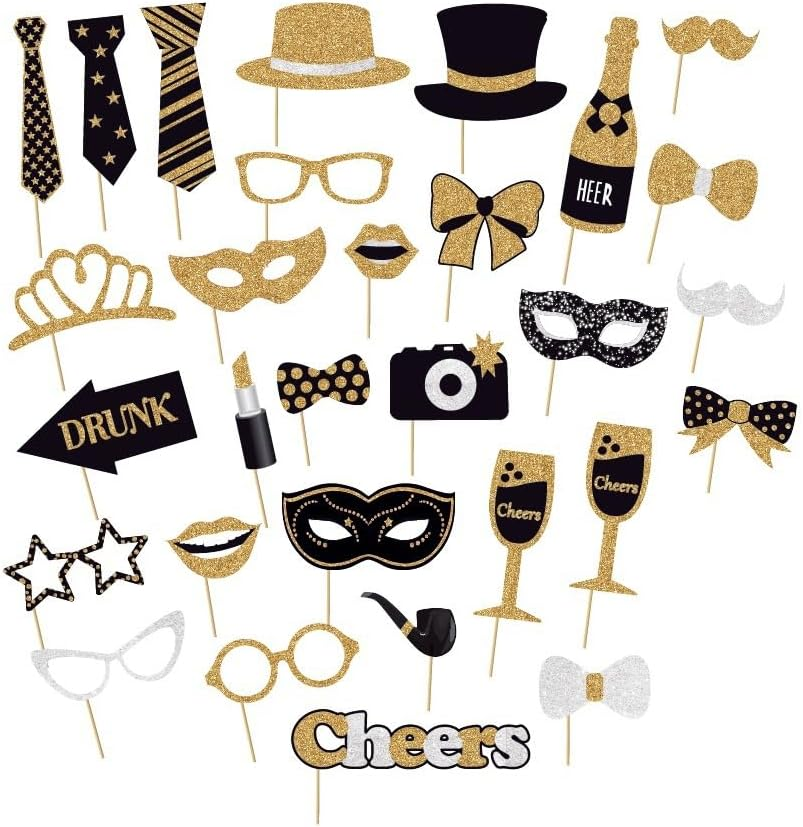 30 Pieces Black Golden Photo Booth Props for Birthday Wedding New Year Party,Mix of Hats, Mask, Lipstick, Tie, Crowns and More Funny Selfie Props image number 1