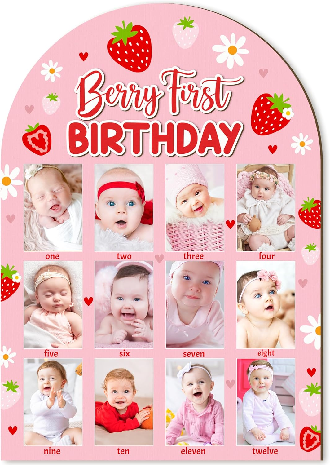R HORSE 3D Berry First Birthday Wood Photo Display Board, Pink Strawberry Baby'S First Year Picture Frame, 1-12 Months Milestone Board Birthday Decorations Keepsake Gift for Baby Girls Nursery Decor image number 1