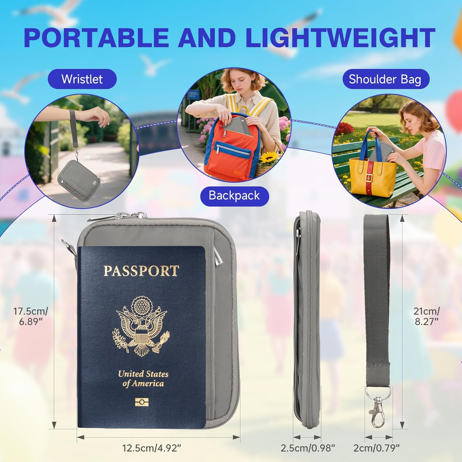 WALNEW Passport Holder for Travel - RFID Blocking Travel Wallet Essentials Organizer with Card Slots & Zipper Pocket (Gray) image number 6