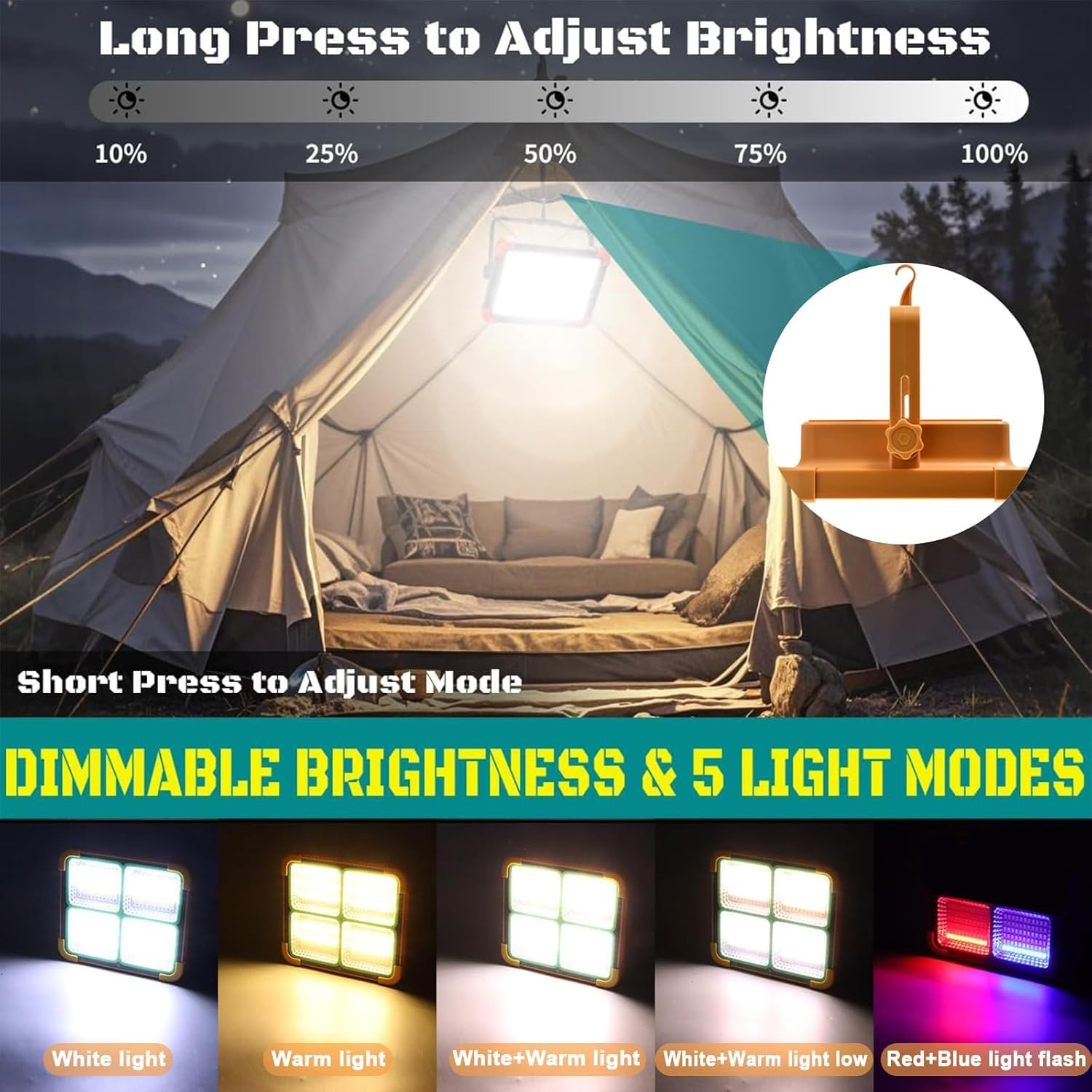 HAOON LED Work Light with Rechargeable Battery 4800Mah 10000 LM, Portable Solar Camping Lights, IP66 5 Lighting Modes Worklight for Outdoor Building Emergency Car Repairing image number 3