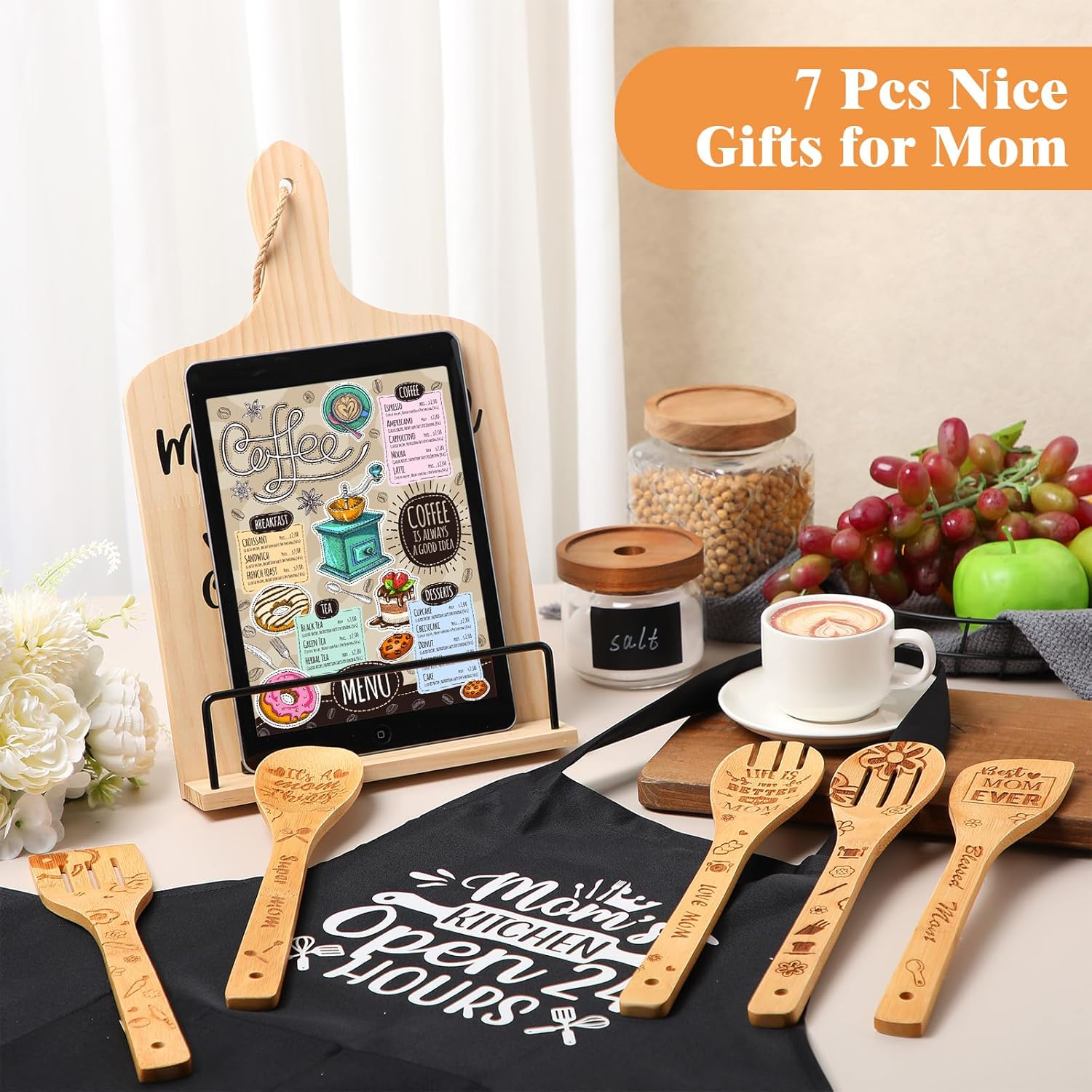 7 Pcs Gifts for Grandma Mom NANA, Christmas Gifts Birthday Gift Wooden Adjustment Cookbook Stand Cooking Utensils Set Kitchen Apron for Birthday Christmas Thanksgiving Winter Gift (Mom) image number 6