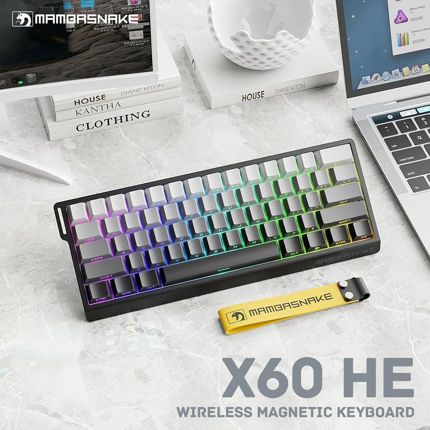 MAMBASNAKE X60 HE 60% Bt/2.4G/Wired Tri-Mode Gaming Keyboard Adjustable Actuation,Rapid Trigger Magnetic Switch Mechanical Keyboard,Rgb Backlit,8Khz Polling Rate with Coiled Cable for Pc/Mac-Moonlight image number 2