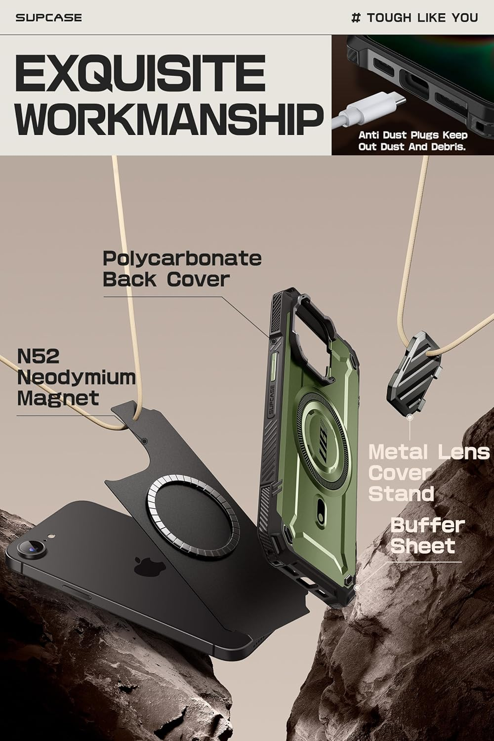 SUPCASE for Iphone 16E/15/14/13 Case with Camera Cover Stand (Ubmag XT), [Compatible with Magsafe] [Built-In Kickstand] [Military-Grade Protection] Heavy Duty Case for Iphone 16E 6.1", (Guldan)