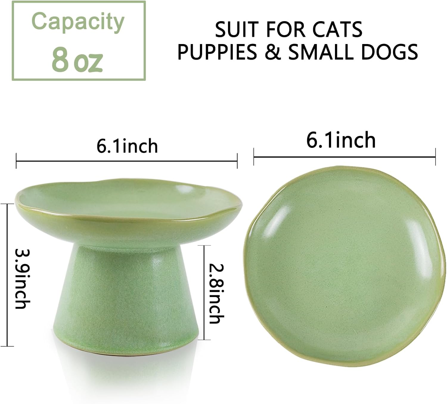 Wide Shallow 6.1" Raised Cat Bowls, Ceramic Elevated Food Bowl for Flat Faced Cats and Small Dogs, Porcelain Feeder Bowl, Stress Free, Protect Cat&rsquo;S Spine, Green image number 2