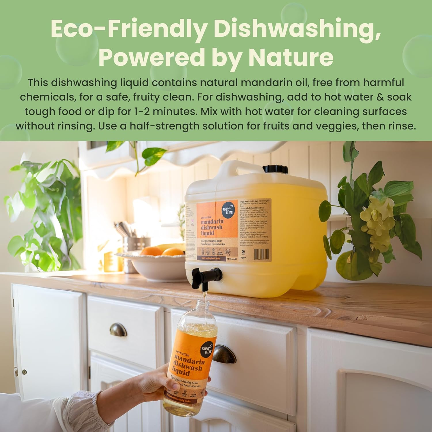 Simplyclean Mandarin Dishwash Liquid - Natural Dish Soap with Pure Australian Mandarin Essential Oil - Concentrated Grease Cutting Formula - Gentle on Skin - 15 Litres image number 1