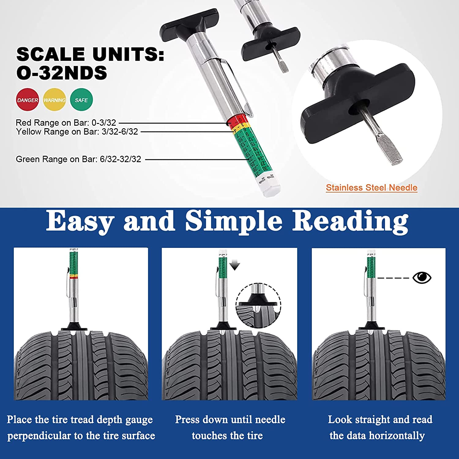 Heeke 2PCS Tire Tread Depth Gauge - Two-Sided Smart Color Coded Tire Tread Depth Measurement Tool Tire Wear Gauge in 32Nds image number 1