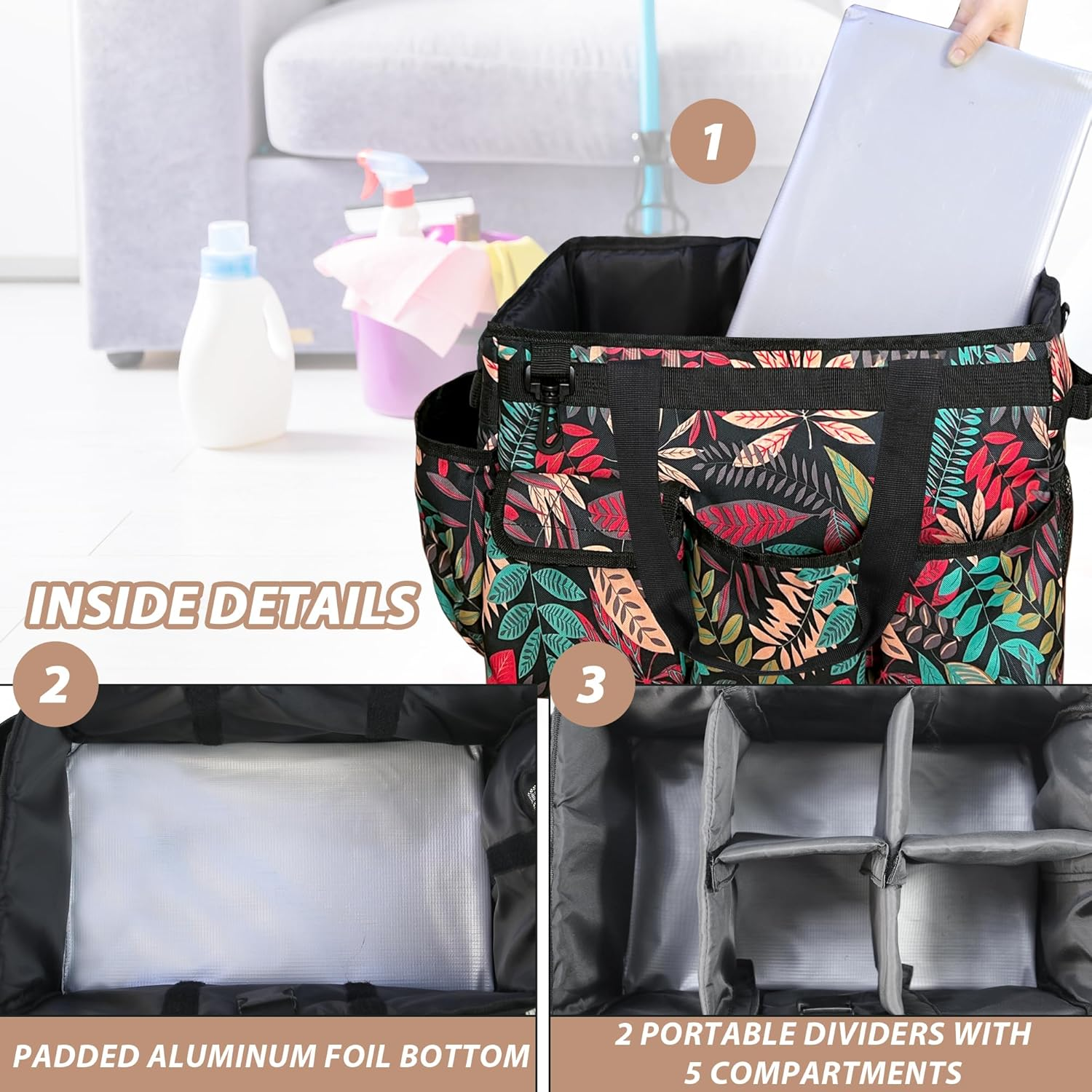 DCY BLUE Cleaning Caddy Organizer with Handle - Large Caddy Bag for House, Car, and Bathroom Cleaning Supplies, Housekeeping Handbag with Adjustable Shoulder Straps (Red) - Black image number 6