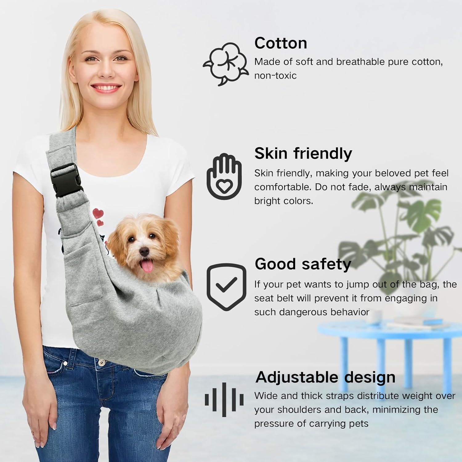 Dog Sling Carrier Pet Sling Carrier with Adjustable Strap Dog Sling Carrier Bag with Front Pocket Breathable Pet Carrier Bag for Puppy Small Dog Cat Hands Free Pet Carrier Sling Bag for Outdoor Travel image number 5