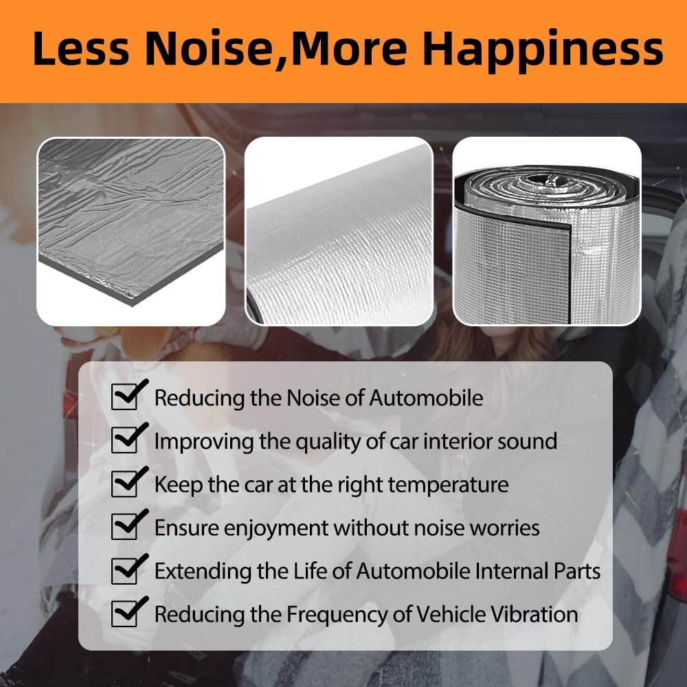 VOLKWELL 1Mx5M Sound Deadener Roll Foam, 50% Thicker Heat Shield Noise Insulation Mat, Easy to Cut Self-Adhesive Noise Proofing, Deadener Pad Car Auto Exhaust Muffler Hood Door Waterproof(53.82 Sqft)