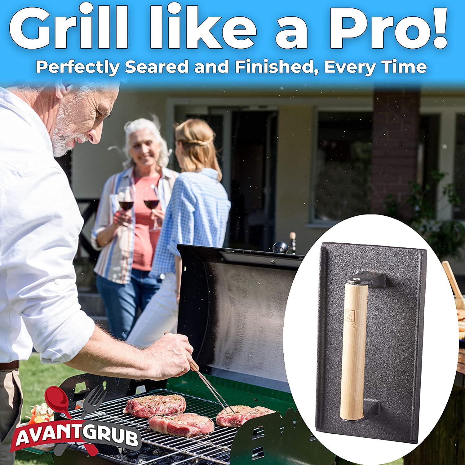 Pro Grade, Pre Seasoned Cast Iron Grill Weight 2Pk. Heavy Duty Steak and Burger Press with Wooden Handle for Grills, Griddles and Flattops. Perfect Gadget for Bacon, Paninis, Sandwiches and Vegetables image number 3