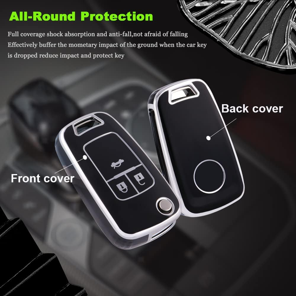 HIBEYO Key Fob Cover Compatible with Chevrolet Cruze Aveo Trax Sail Malibu Captiva Opel Vauxhall Astra J Corsa Insignia Mokka Key Case Holder Flip 3 Button with Leather Keychains-Black - Bling Keychain White image number 2