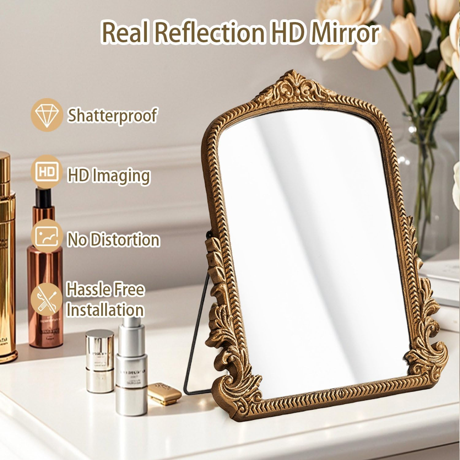 Vintage Vanity Makeup Desk Mirror，Antique Traditional Chic Arch Table Mirror Gold，Decor Wood Framed Small Standing Carved Arendahl Mirror for Living Room,Bedroom,Tabletop 11.8" X 9.6" - Rose Gold image number 6