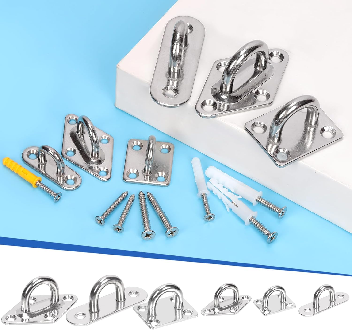 Glarks 20Pcs M5 Stainless Steel Pad Eye Plate Hook Kit, Oval Eye Plate U Hooks Heavy Duty Ceiling Hooks and Carabiner Clips Snap Hook for Ceiling and Mounting Hanging Hardware image number 4