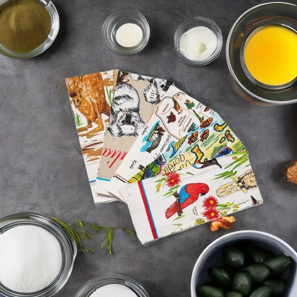 Printed Tea Towels 5Pcs 100% Cotton Floral Birds Print Australia Themed Dishtowel Set 48X80Cm for Australian Souvenirs Amazon,Christmas,Friend Gift (Random) image number 4