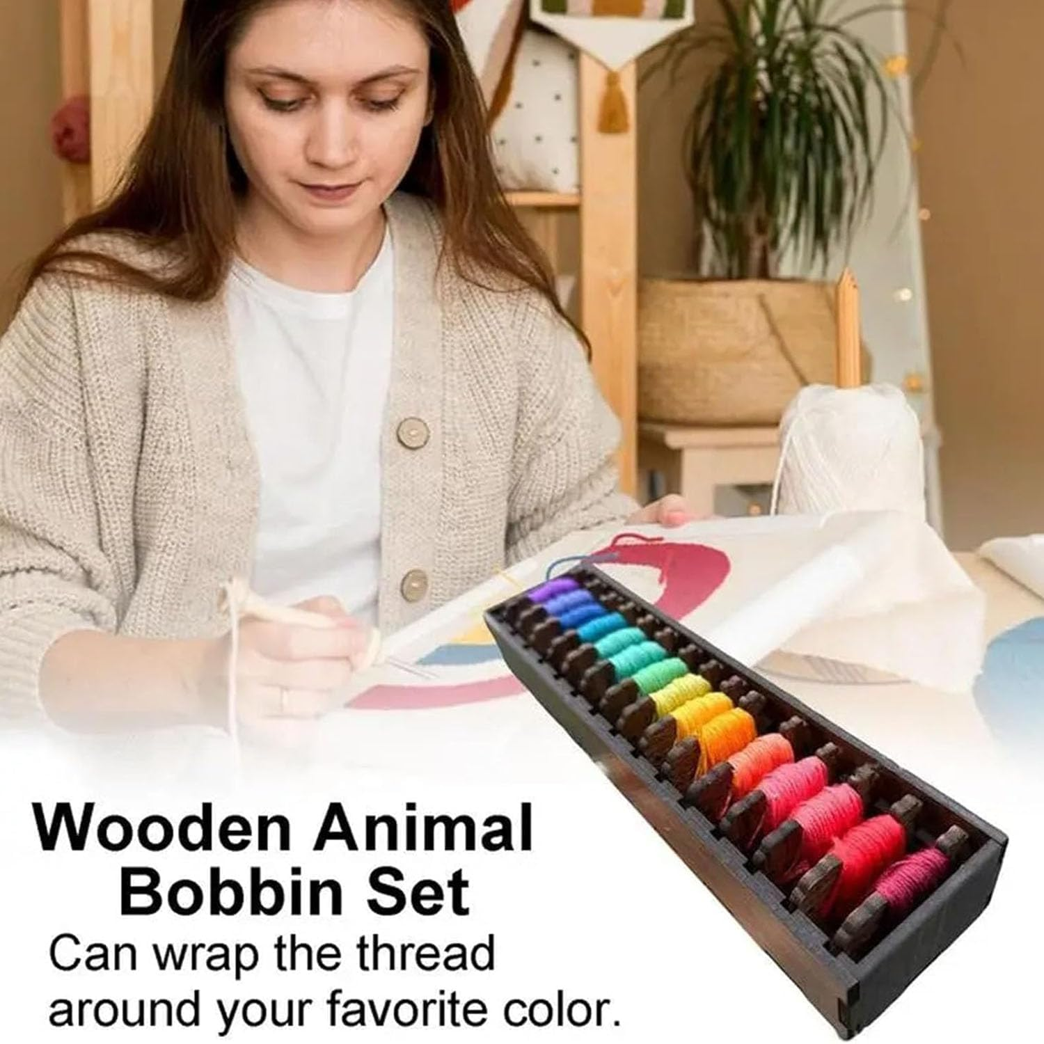 Wooden Animal Bobbin Set, Dachshund Bobbin Set, Embroidery Floss Bobbins, Sewing Thread Organizer, Embroidery Floss Organizer Box with Bobbins (15 Dachshund Spools+Fence) image number 5