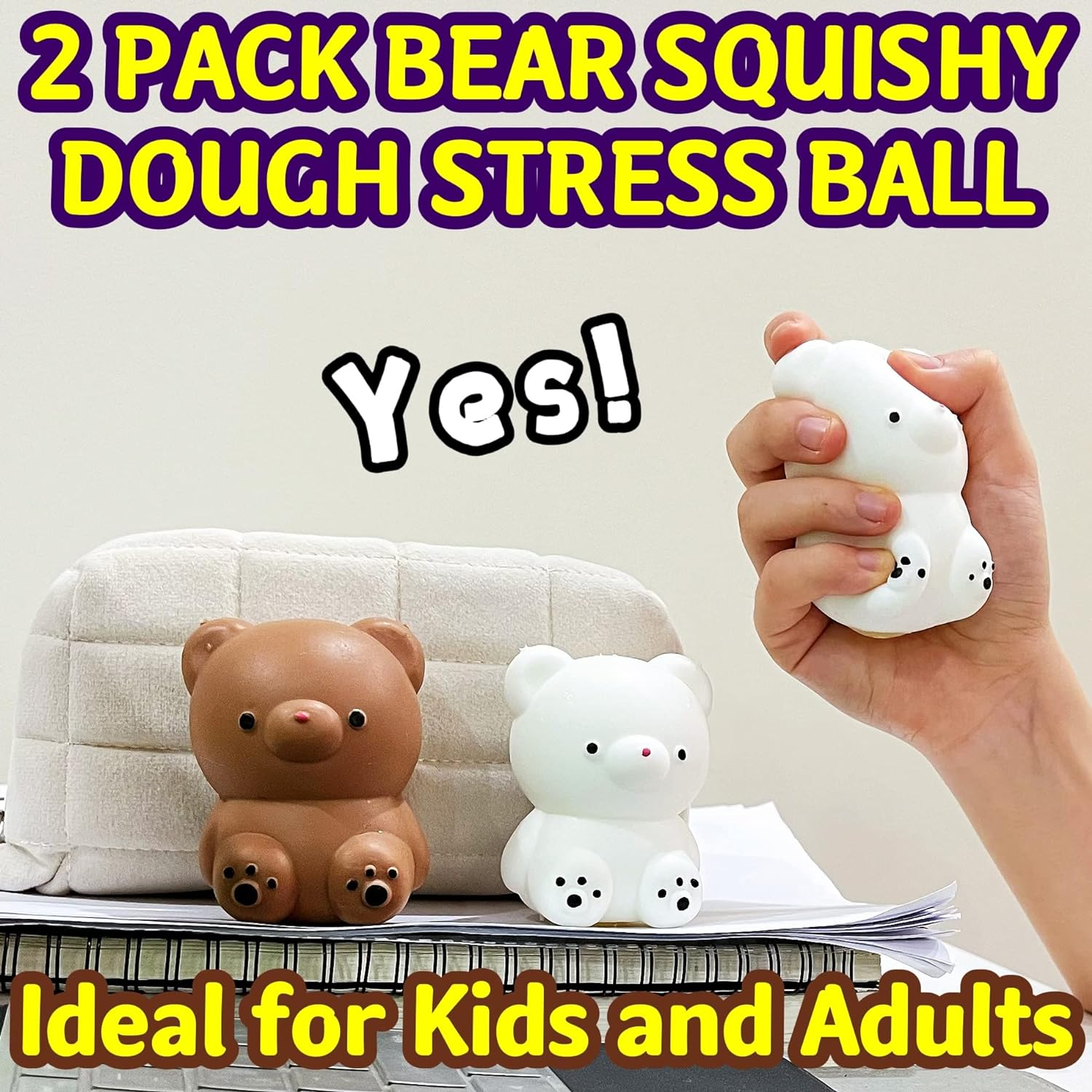 2 PCS Squishy White Bear Stress Ball Brown Bear Squeeze Ball - Dough Balls Fidget Toy - Stretchy Stress Balls for Kids and Adults, 2 Colors Squishy Ball for Anxiety Relief, Focus, Relax image number 3