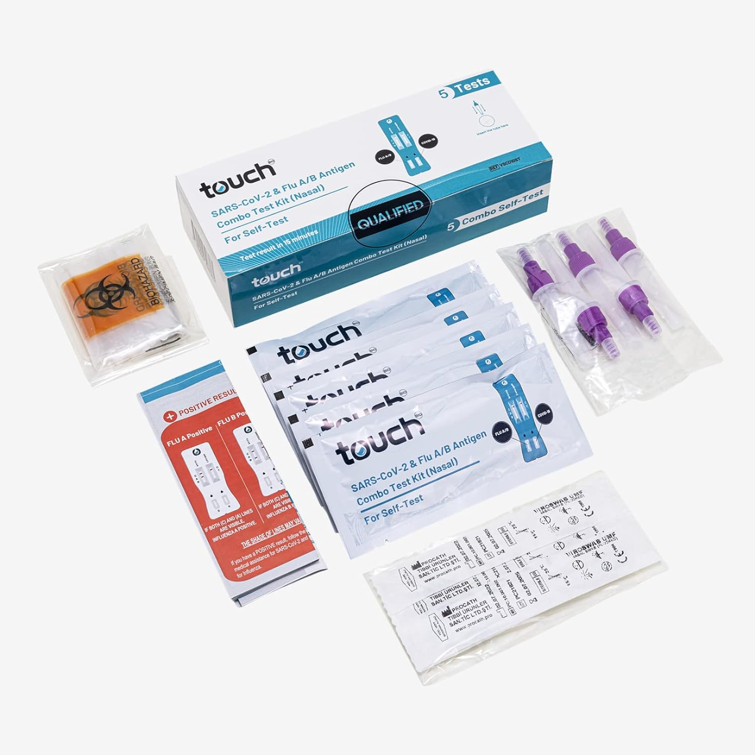 "TOUCHBIO 5 PACK COVID-19 & Flu A/B Rapid Antigen Combo Test - Accurate Results in Minutes - Easy to Use - Perfect for Home and Professional Use image number 1