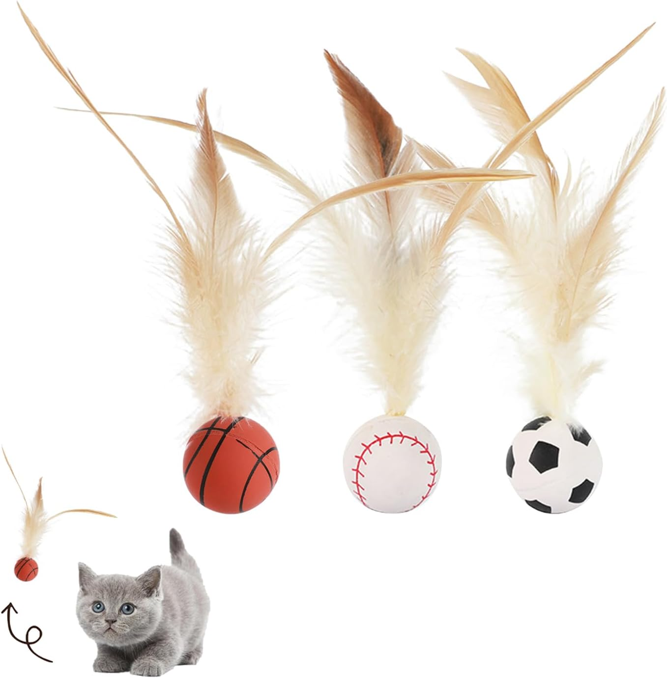 Cat Toys, Cat Toy Ball, 3 Pcs Kitten Toys, Interactive Cat Feather Toys, Interactive Accessory for Kitten Having Fun Exerciser Playing, Rubber High Rebound Bouncy Tails Balls for Indoor Outdoor
