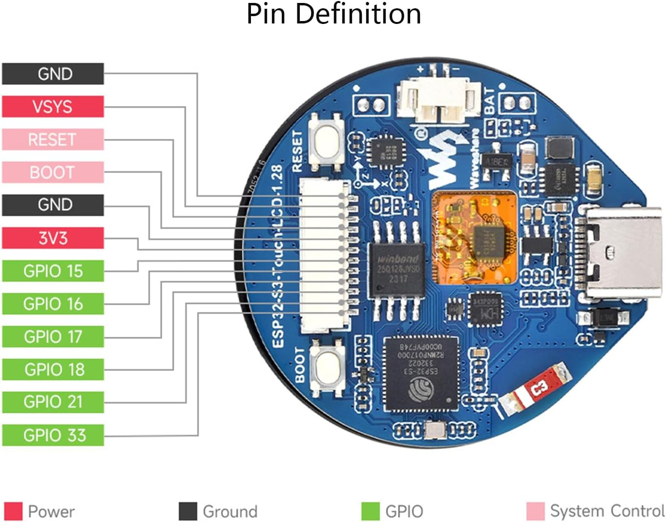 ESP32-S3 MCU Board with Onboard 1.28Inch round Touch LCD and 6-Axis Sensor Etc, 32-Bit LX7 Dual-Core Processor, Supports 2.4Ghz Wi-Fi (802.11 B/G/N) and Bluetooth 5 (LE), Type-C Port