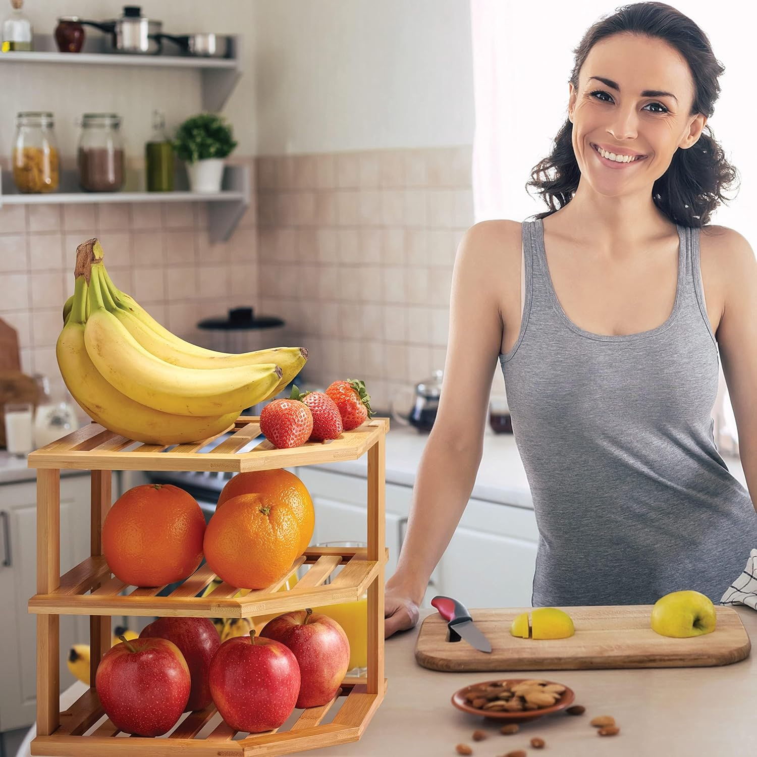 Bamboo Corner Shelf - Stackable Kitchen Bench Top Organiser, Cabinet & Pantry Shelf for Plates, Spices, Dishes - Home Storage & Organisation, Spice Rack Organiser, Space-Saving Cupboard Organiser image number 3